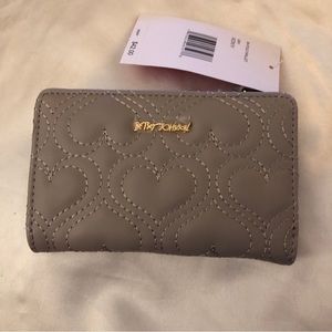 Betsey Johnson Gray Faux Leather Bifold Wallet Quilted Stitched Heart NWT